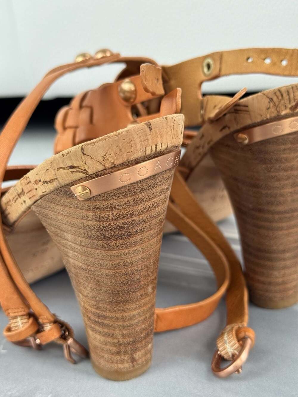 Coach Tan Woven Leather Strappy Cork Platform Sandals Size 8.5 - Picture 5 of 8